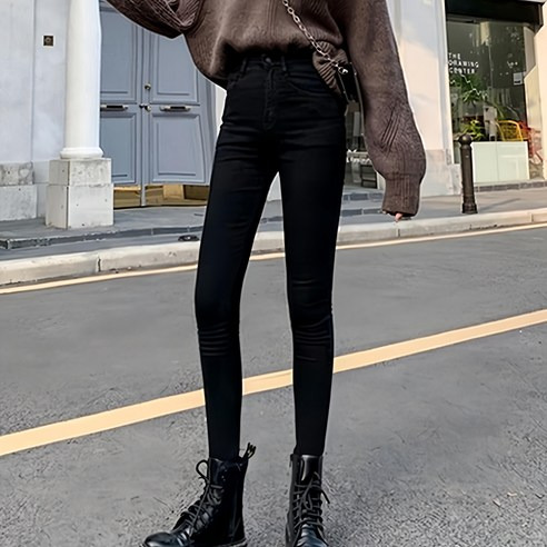 高腰彈力貼身牛仔褲/長褲/窄管褲 28腰, M, 黑色, 1件