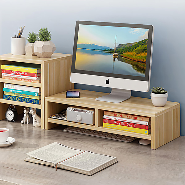 費歐家 雙層有隔斷木質螢幕增高架, 原木色, 1個