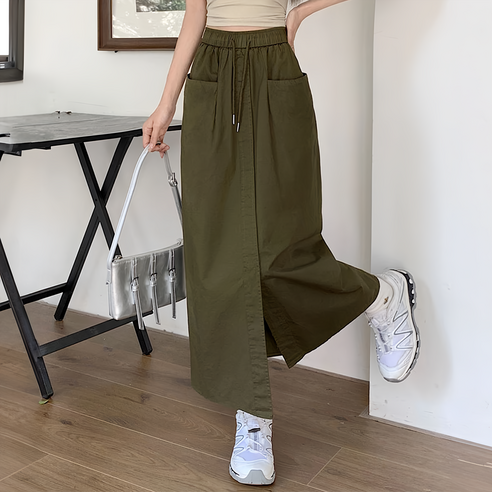 鬆緊 半身裙 工裝長裙 a字裙 前開岔雙口袋, 綠色, 1件