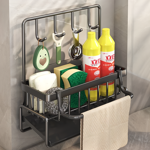 HOUDER_拍平方 檯面海綿瀝水架 加高四鈎 23 x 9 x 24cm, 槍灰色, 1個