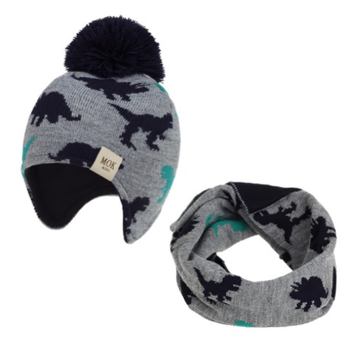 兒童保暖毛帽 + 圍脖, 深灰侏儸紀, L 頭圍40~50cm, 1組