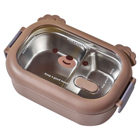 可愛小熊不鏽鋼保溫飯盒, 咖啡色, 1個