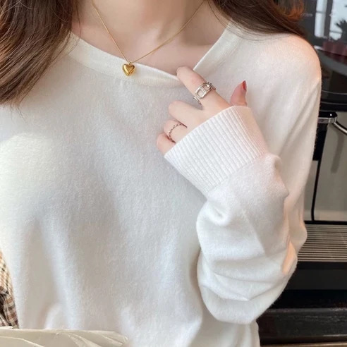 薄款圓領羊絨長袖打底衫, 肩寬34cm 胸寬42cm 袖長49cm 全長54cm, 白色, 1件