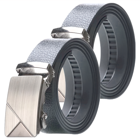 咪咪購物 銀色男士皮帶2入 自動扣皮帶 皮帶 腰帶 無孔皮帶 自動皮帶 西裝皮帶