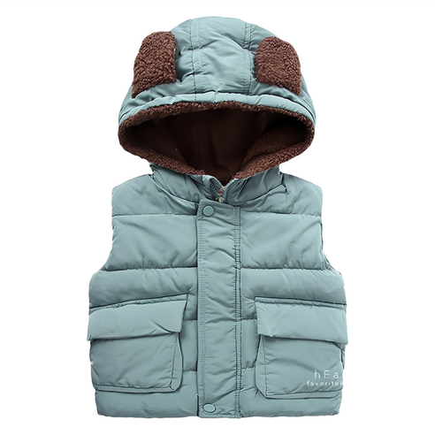 兒童秋冬羽絨熊耳朵背心-淺綠色-熊耳朵背心外套-100碼-100-110cm