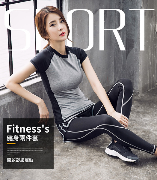 韓版速乾瑜伽健身兩件運動套裝(短袖上衣+修身長褲)