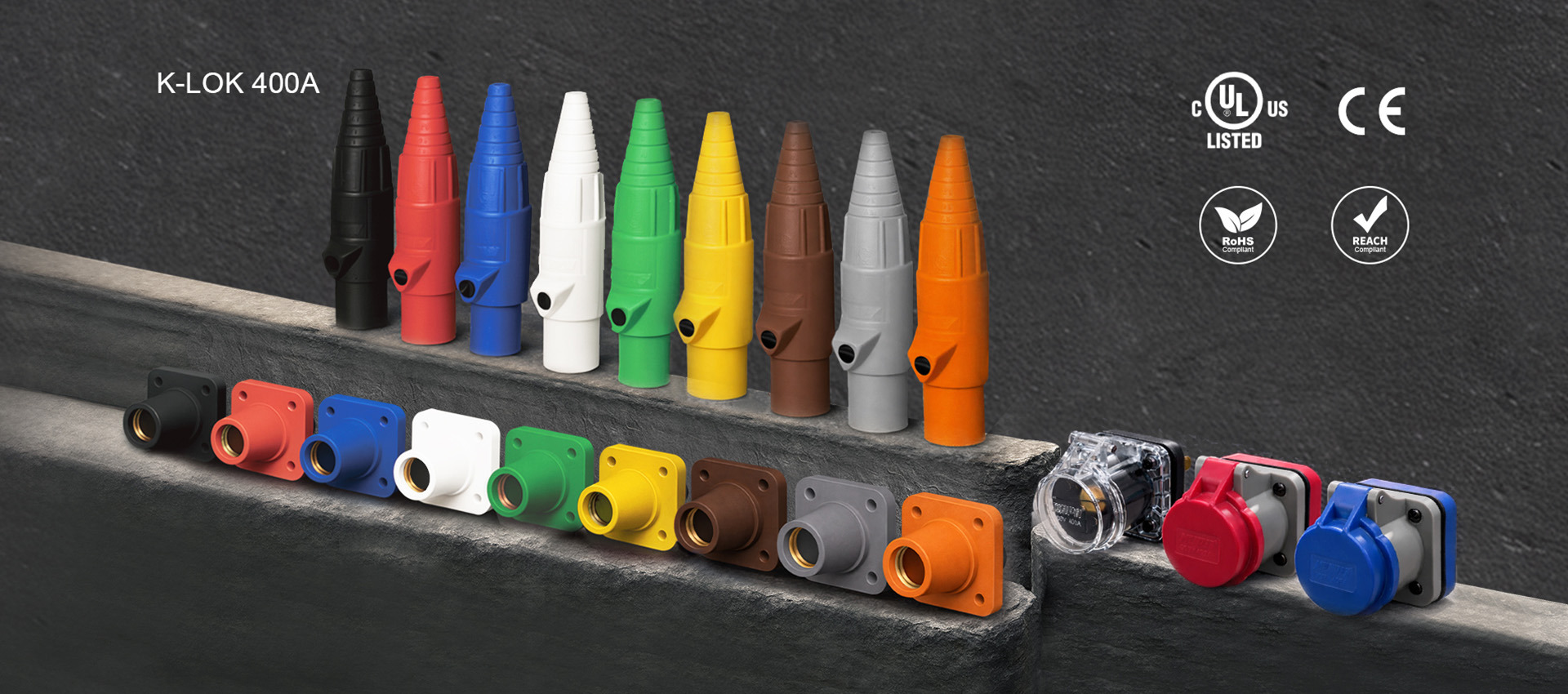 K-LOK 400A high-current single-pole connector series with line connectors, panel-mount receptacles, and certification marks including UL, CE, RoHS, and REACH.