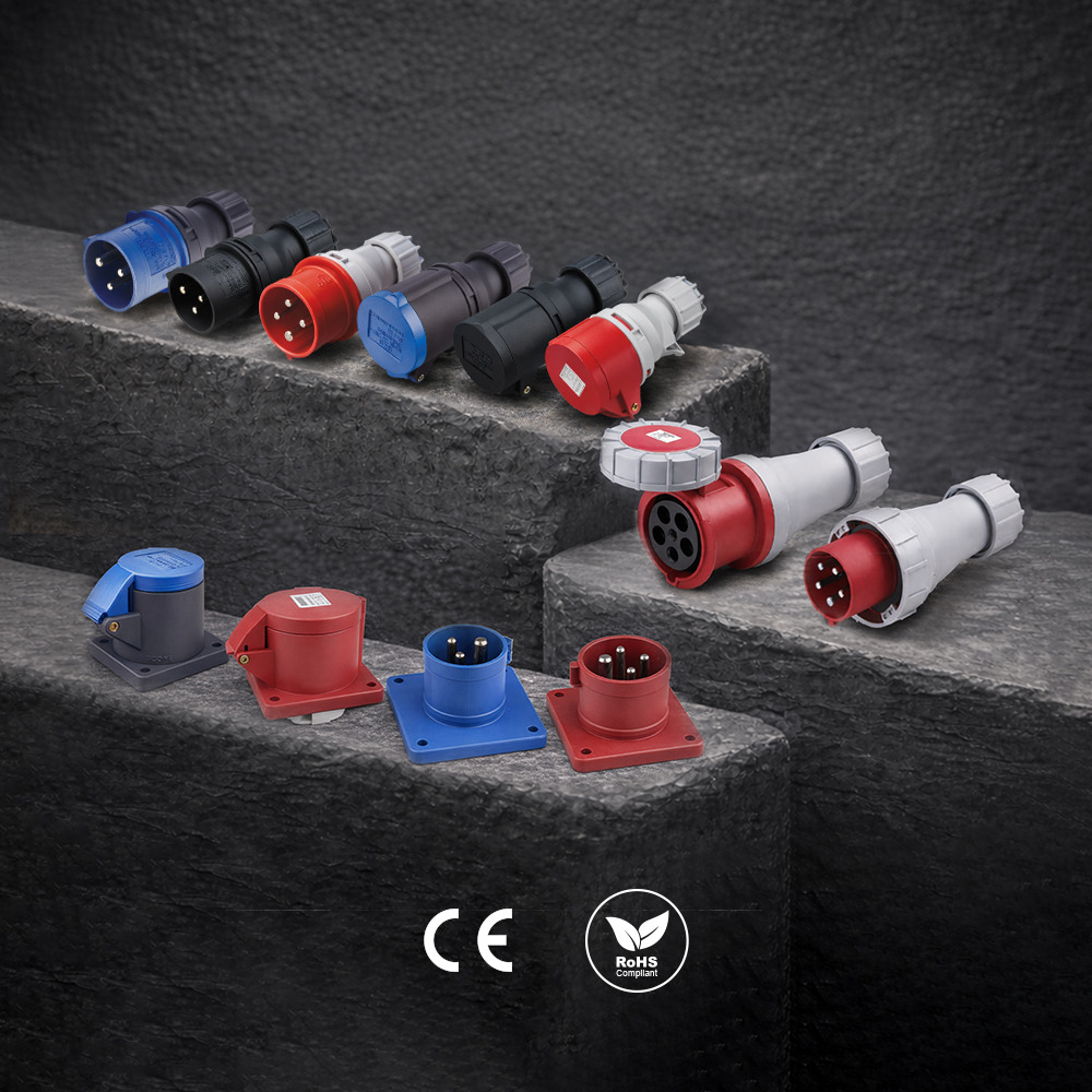 KUPO Power CEE form industrial plugs and connectors in blue and red showing inline and panel mount configurations