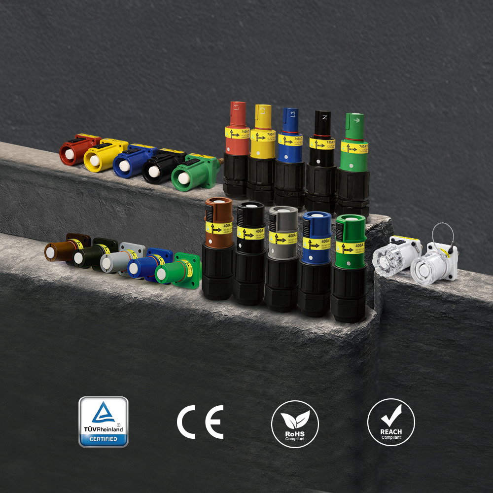 KUPO Power PowerFit 400A single-pole power connectors in multiple housing colors showing line source, line drain, panel source, and panel drain configurations