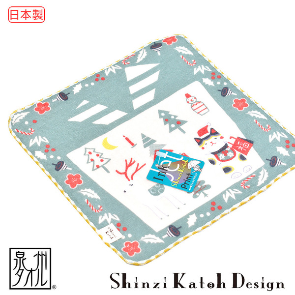 【加藤真治】雙面無撚聖誕貓手帕 23 x 23公分