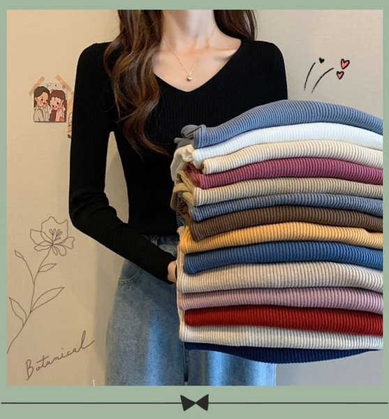 FB-6040 秋冬新款修身v領坑條內搭針織衫