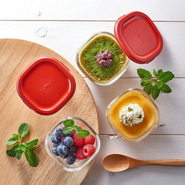 日本HARIO 迷你方形紅色玻璃保鮮盒4件組