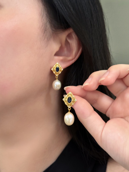 復古藍寶石珍珠耳環