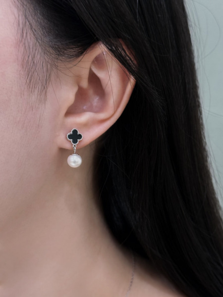 黑色幸運草珍珠耳環