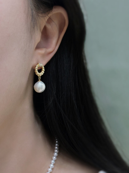 麻花甜甜圈珍珠耳環