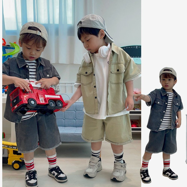 軟料帥氣兩色工裝套裝