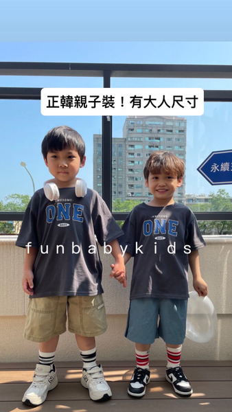 正韓ONE印花親子上衣X正韓薄款側邊條休閒褲X洗舊皮標五分休閒褲