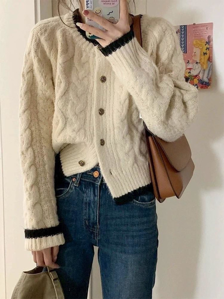 21027韓系溫柔麻花玫瑰釦針織