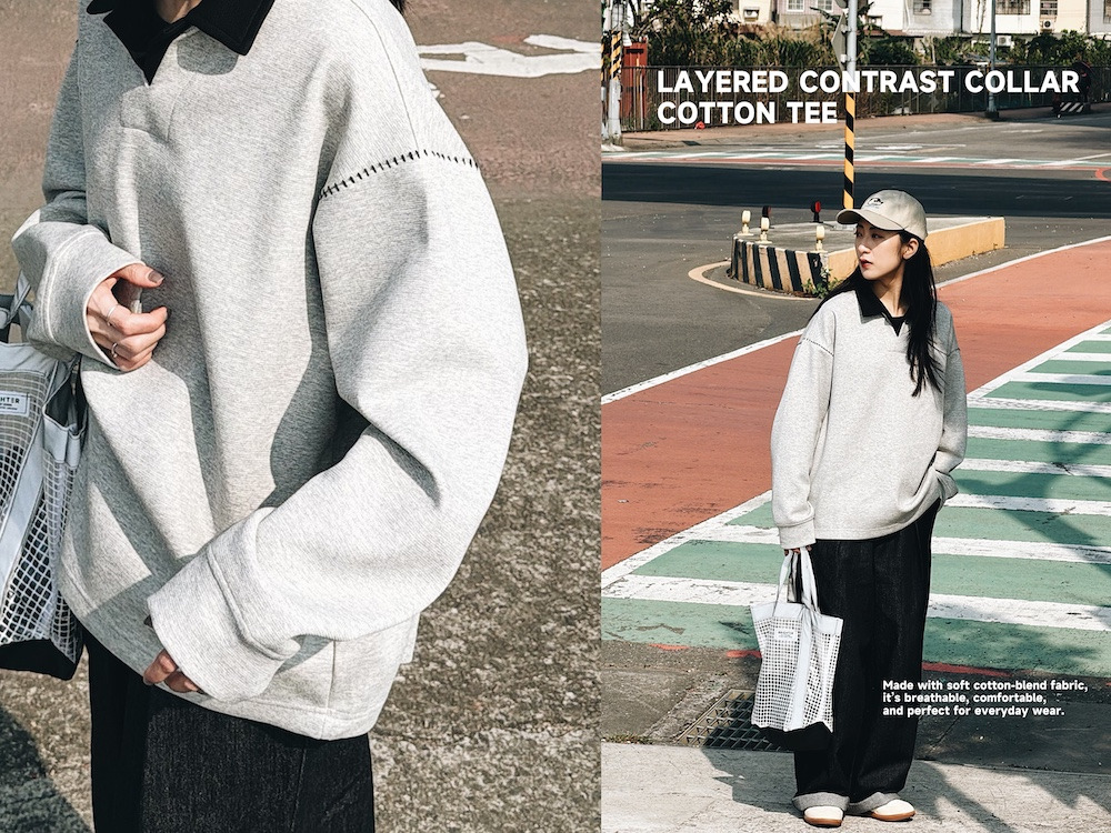 肩膀縫線。拼色翻領長袖tee/ 2色