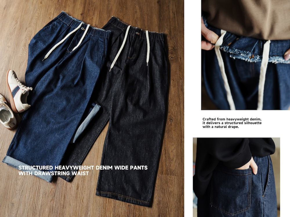 腰部抽虛設計。厚磅立體丹寧寬褲/ 2色