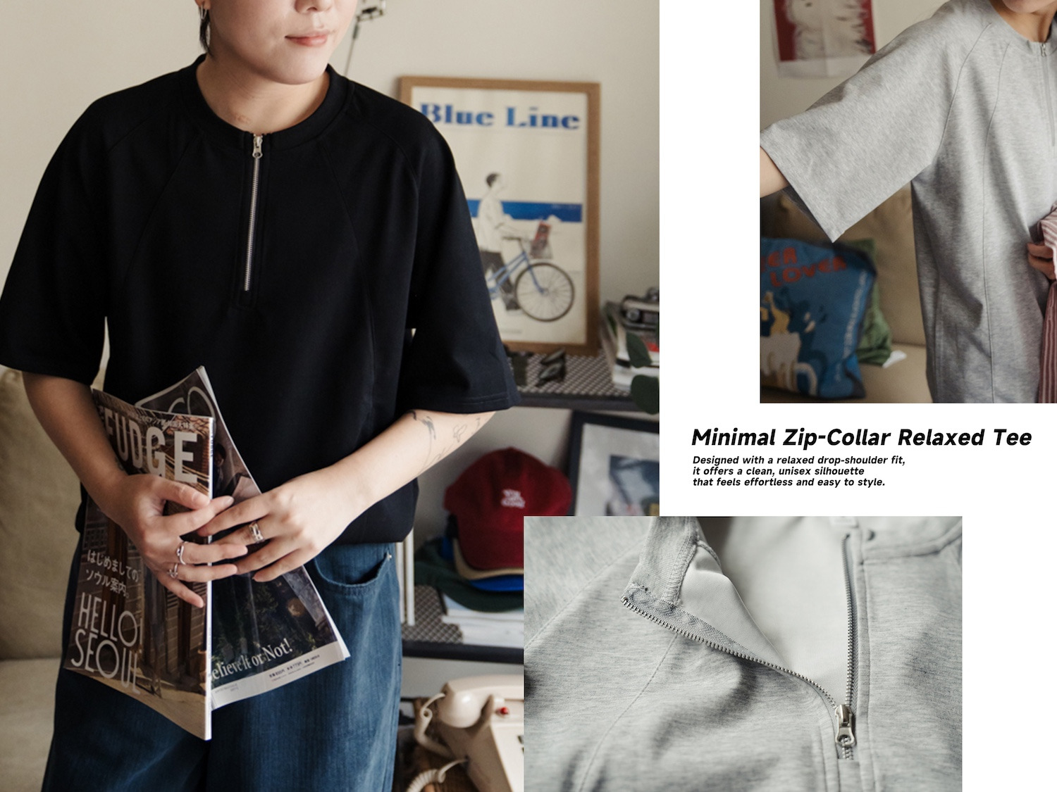 領口拉鍊設計短袖tee/ 2色