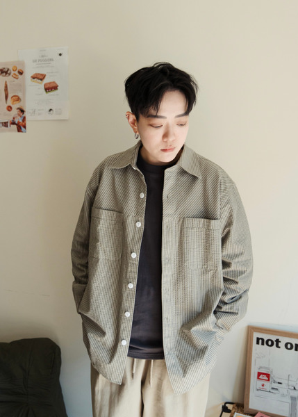 凹凸織紋直紋長袖襯衫 / 2色