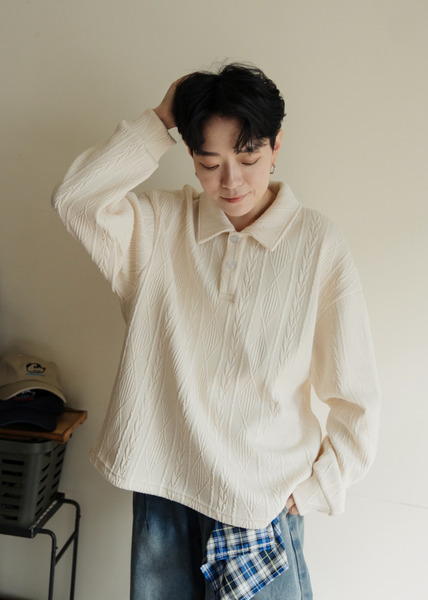 麻花織紋翻領寬鬆針織衫 / 2色