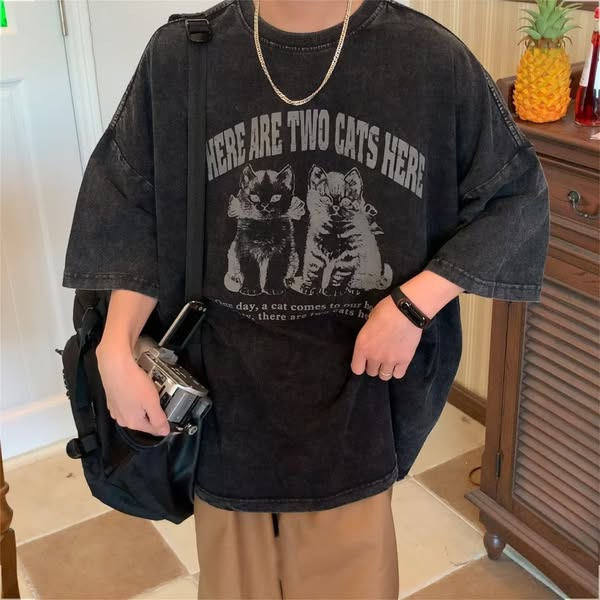 A1604夏季。水洗刷舊感貓咪印花上衣