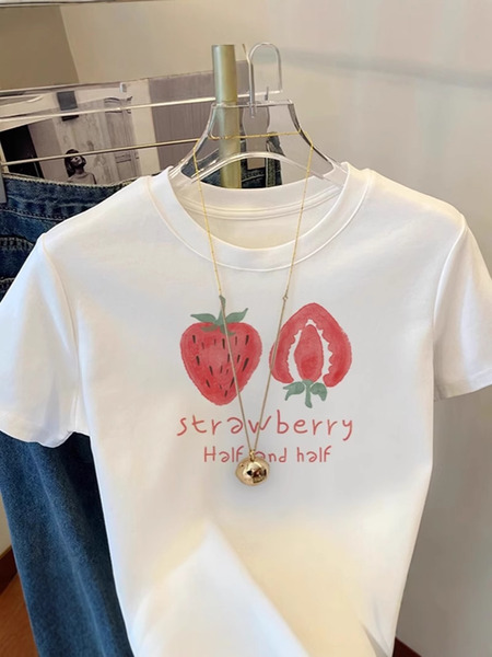 A1624夏季。草莓印花白色T恤
