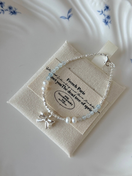 「預購」通體925純銀海藍寶淡水珍珠蝴蝶結手鍊