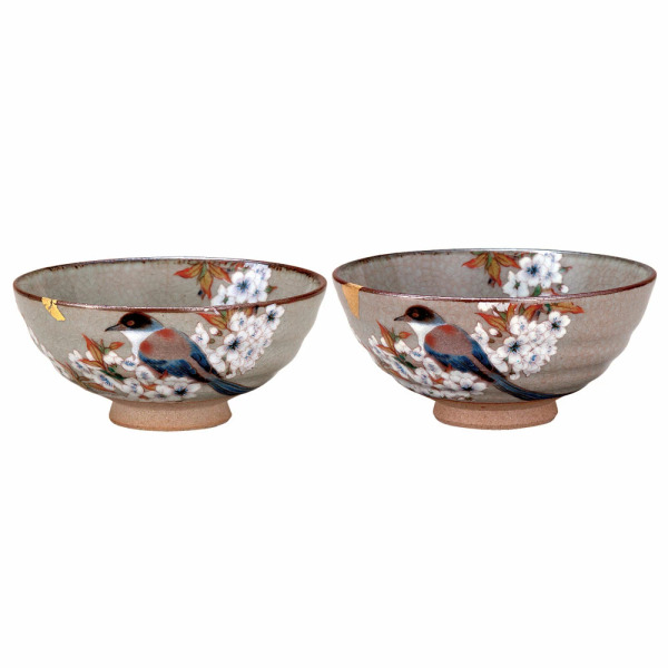 限量 1 組，售完即止-【九谷燒】金箔山櫻小鳥圖樣 成對飯碗(一大一小)