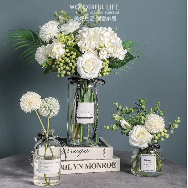 〖現貨〗北歐INS風仿真花束 小花束 桌花 仿真花 美容院 美甲店 理髮店花束 透明玻璃瓶仿真花藝 假花 絹花 前台桌花