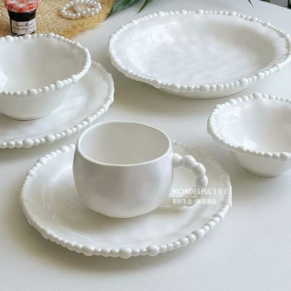 〖新品上架〗法式珍珠陶瓷杯碟碗盤 碗盤 陶瓷盤 餐盤 湯盤 麵碗 淺盤 平盤 湯碗 盤子 碗盤器皿