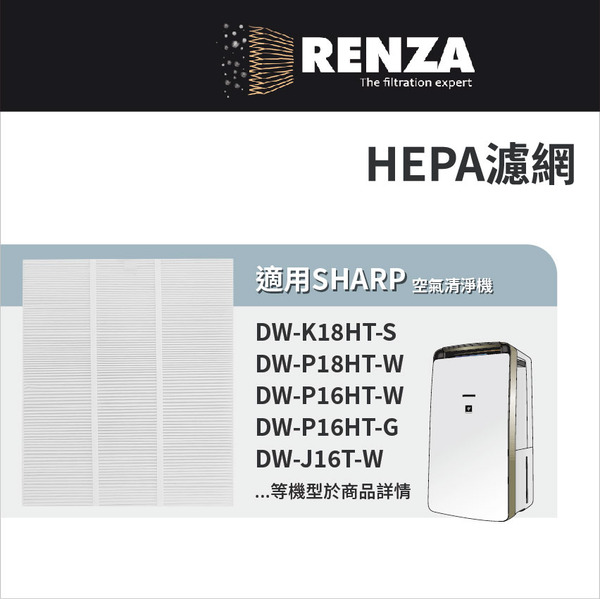 適用Sharp 夏普 DW-J16T-W / DW-J18T-N / DW-LJ16T-W / DW-LJ18T-N / DW-K18HT-S / DW-P18HT-W / DW-P16HT-W / DW-P16HT-G 空氣清淨除濕機 HEPA濾網 濾芯 濾心
