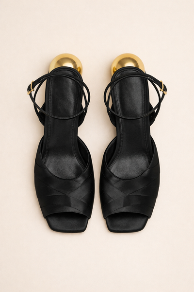 MARNI｜黑色摺疊緞面寶石圓球跟涼鞋