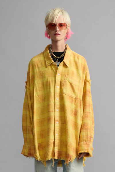 R13｜破壞縫線過染格紋襯衫-黃