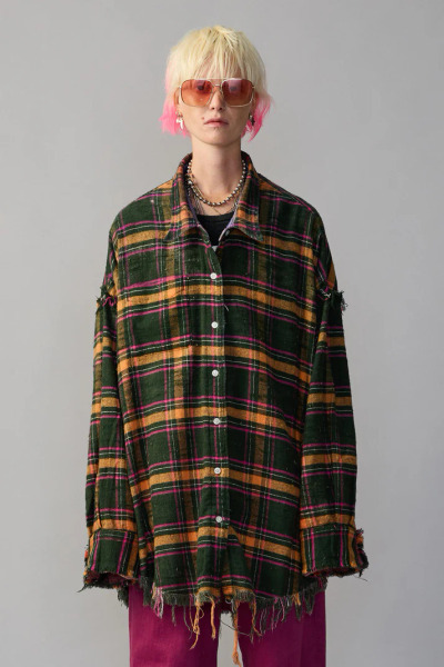 R13｜雙面穿破壞落肩格紋襯衫