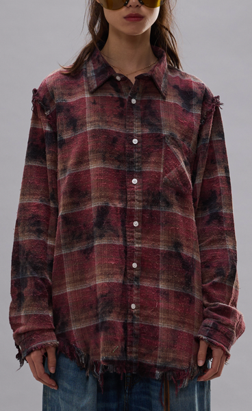 R13｜破壞縫線過染格紋襯衫-紅