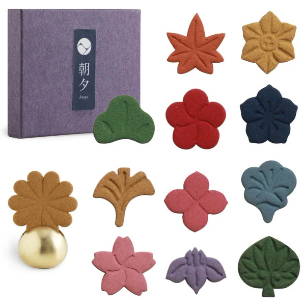 Asayu 朝夕12種天然花形壓製線香套裝 (附香座)