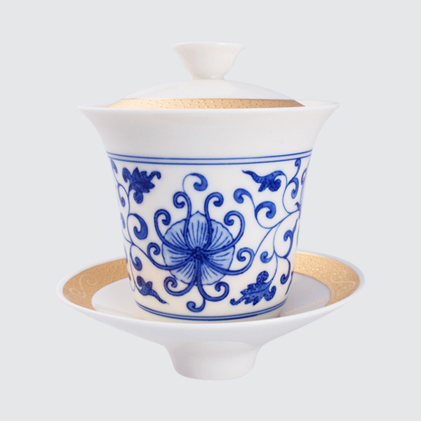 描金大天下泉蓋碗繪青花/蓋碗(L)-金描き染付安達窯Anta Pottery