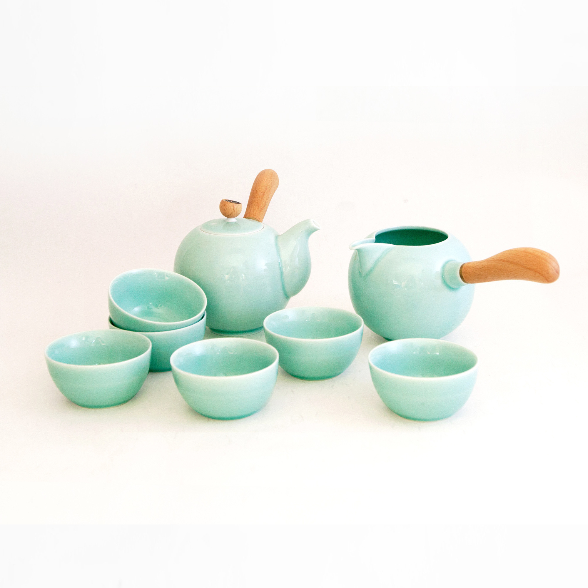 青瓷-擇善木側把壺組/急須茶器セット安達窯Anta Pottery