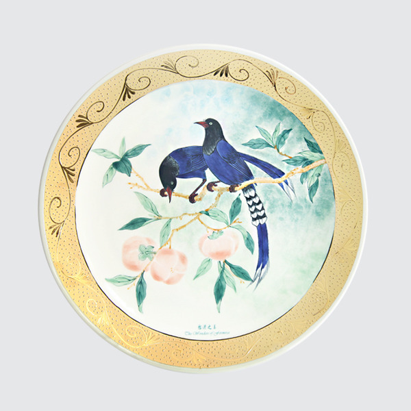 描金彩繪圓盤繪黑面琵鷺/金描き飾り皿-クロツラヘラサギ安達窯Anta Pottery