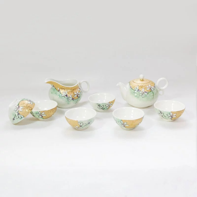 描金如意茶具組繪油桐花/金付き如意茶器セット-オオアブラギリ柄安達窯