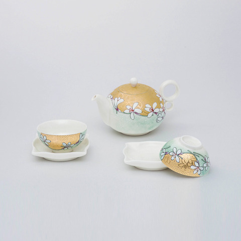 描金如意茶具組繪油桐花/金付き如意茶器セット-オオアブラギリ柄安達窯