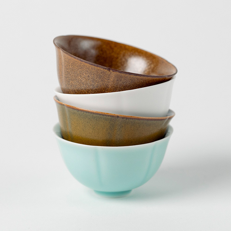 葵口杯四入組/花形茶杯セット-四色入り安達窯Anta Pottery