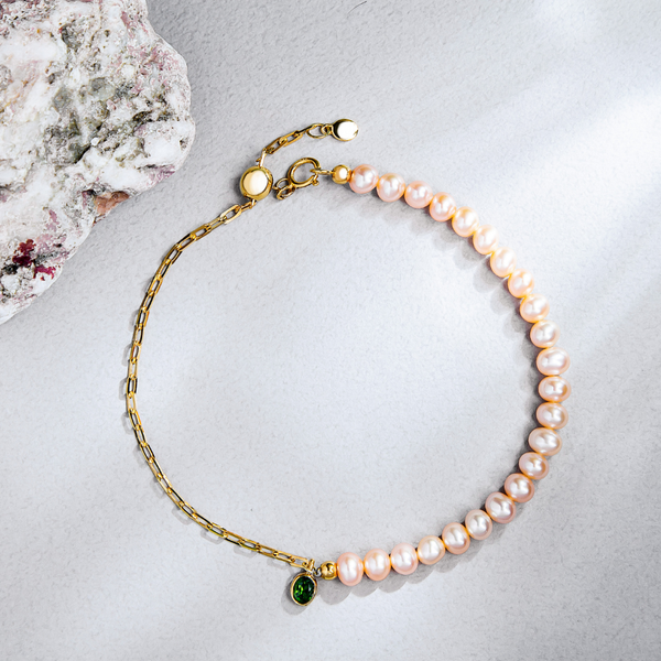 碧湖落櫻｜18K綠寶石珍珠手鍊