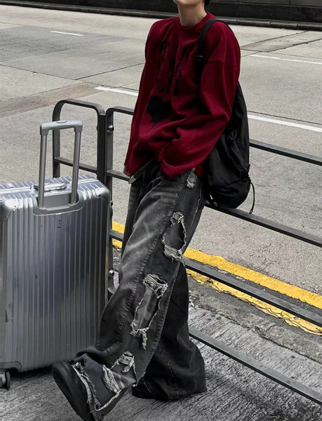 韓國 迷彩 拼接 側邊 破壞 復古 刷色 抓皺 牛仔落地褲