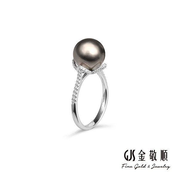 【珠寶】白K金大溪地黑珍珠鑽石戒指