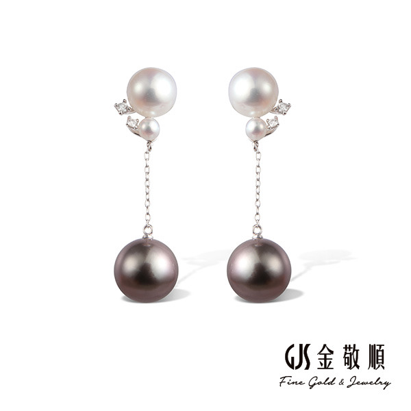 【珠寶】白K大溪地黑珍珠鑽石耳環 黑夜的月光