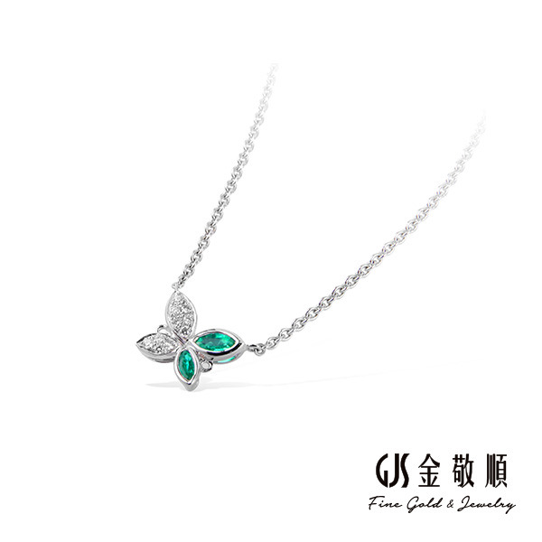 【珠寶】白K祖母綠鑽石項鍊 綠境蝶語